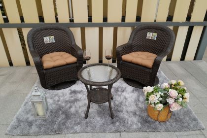 3 PCS Dark Brown Wicker Patio Bistro Set with Round Coffee Table and Brown Cushions
