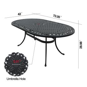 72 Inch Oval Cast Aluminum Patio Table with Umbrella Hole; Round Patio Bistro Table for Garden; Patio; Yard; Black with Antique Bronze at The Edge