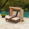 Wooden Outdoor Double Chaise Lounge, Cup Holders, Espresso