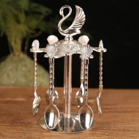 6pcs Gold Alloy Spoon Display Stand Kitchen Dessert Coffee Mixing Tableware Spoon Holder Swan Storage Box Wedding Gift Decorate (Color: Silver)