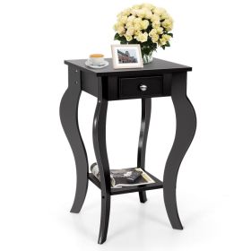 2-Tier End Table with Drawer and Shelf for Living Room Bedroom (Color: Black)