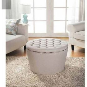 Round Tufted Storage Ottoman with Nailheads (Color: Cream)